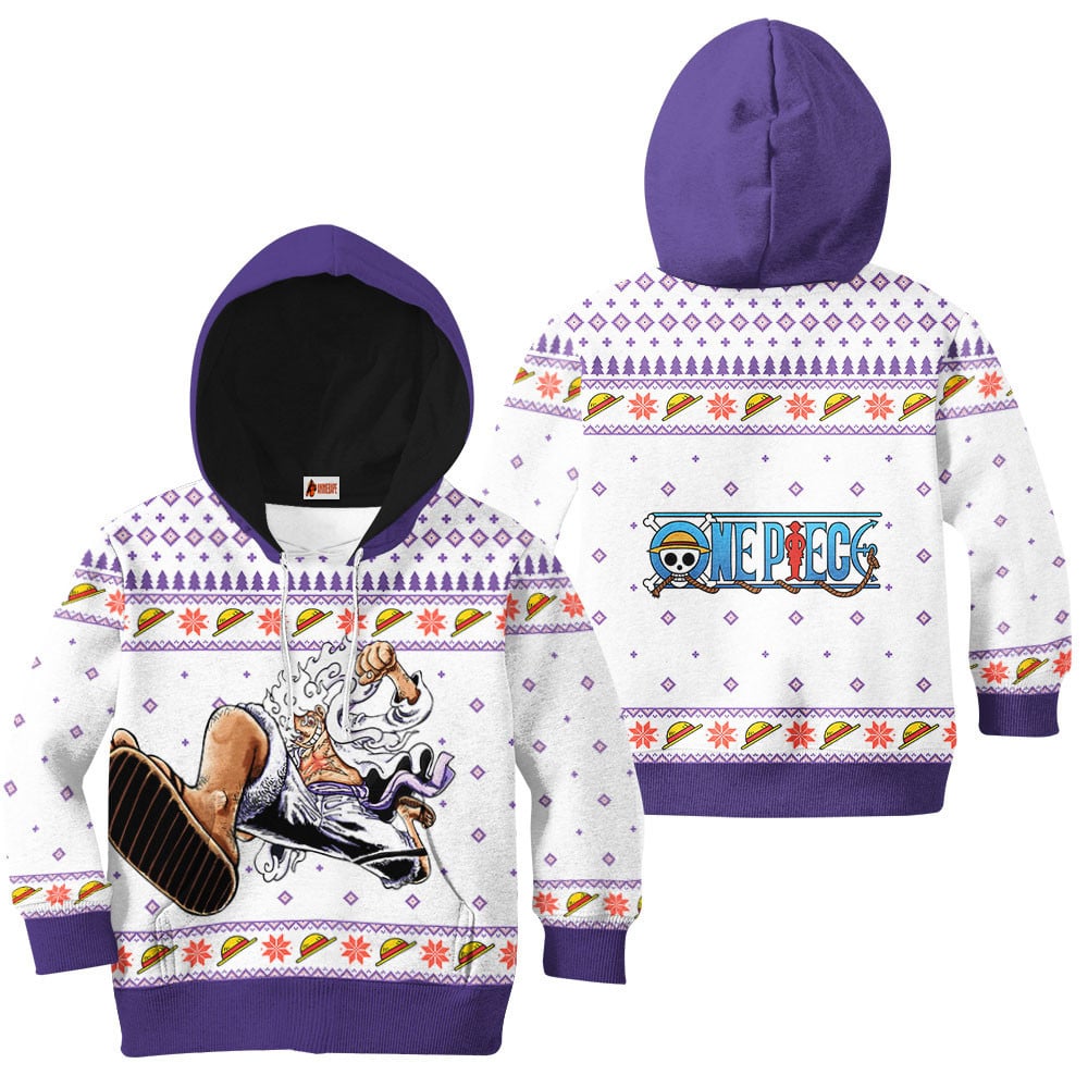 Kids Hoodie Luffy Gear 5 White Ugly Christmas One Piece
