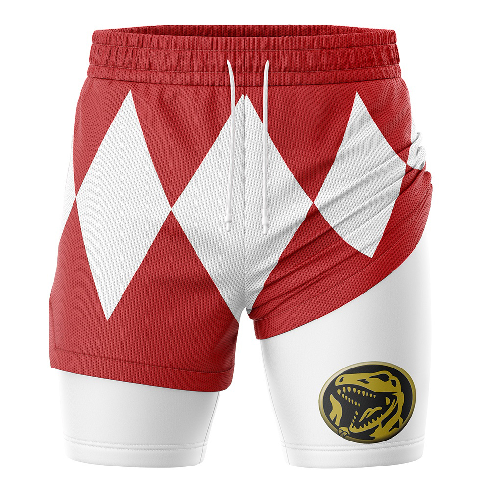 Red Ranger V2 Mighty Morphin Power Rangers Compression Workout Training Shorts (2-in-1)