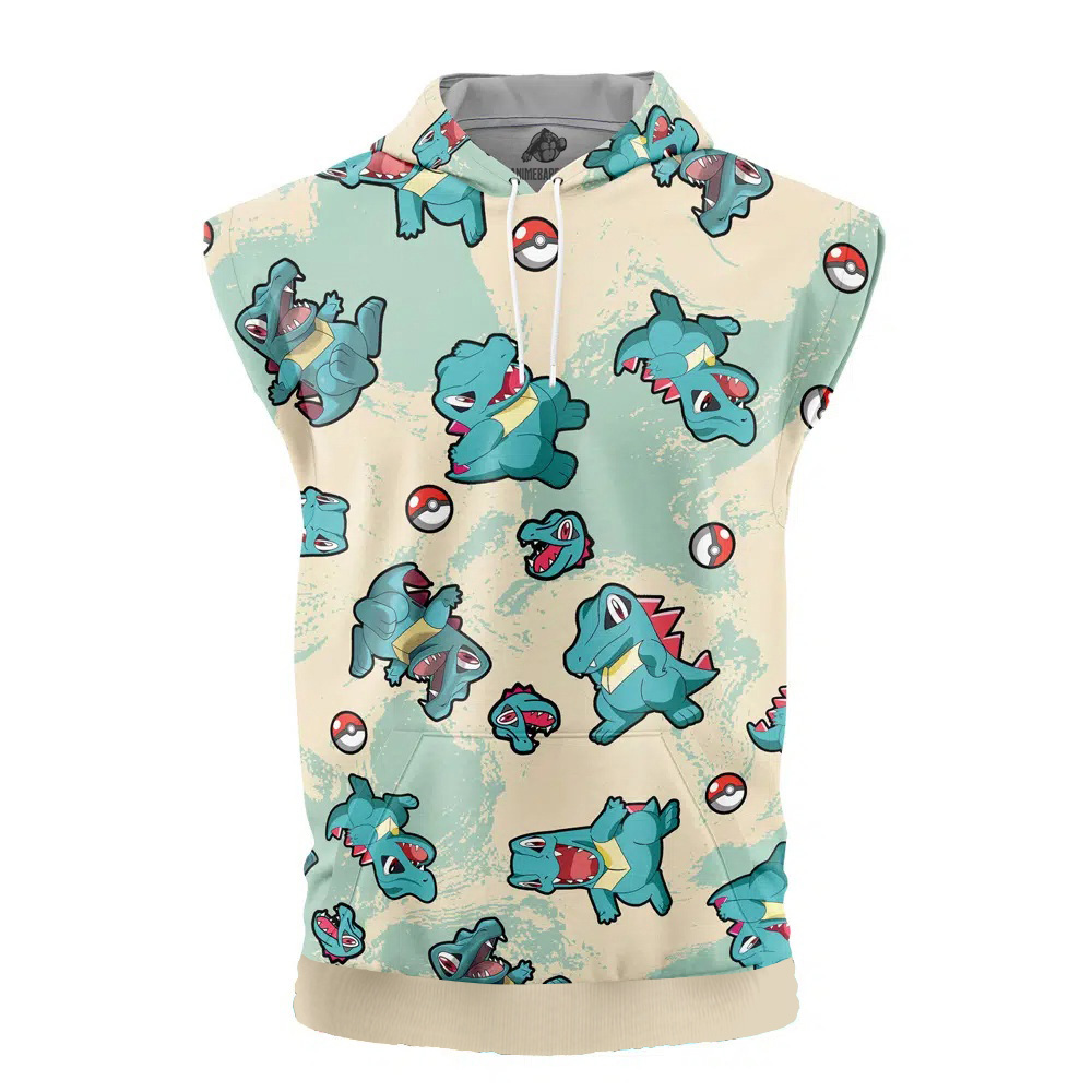 Totodile Pattern Pokemon Cut Off Sleeveless Workout Hoodie