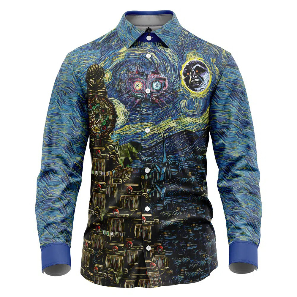 Zelda Majora's Mask Starry Night Long Sleeve Button Up Shirt