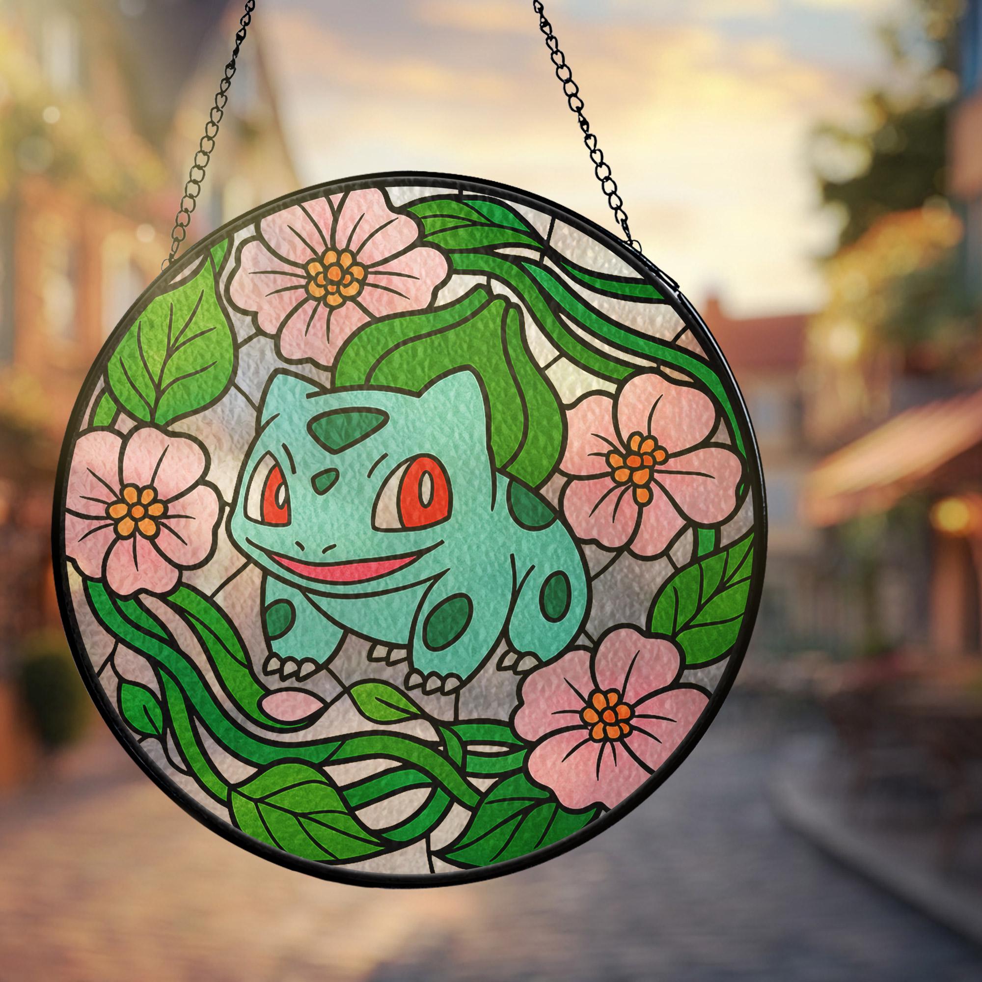 Bulbasur Window Pokemon Bulbasaur Floral Vine Stained Glass Suncatcher - AnimeBape