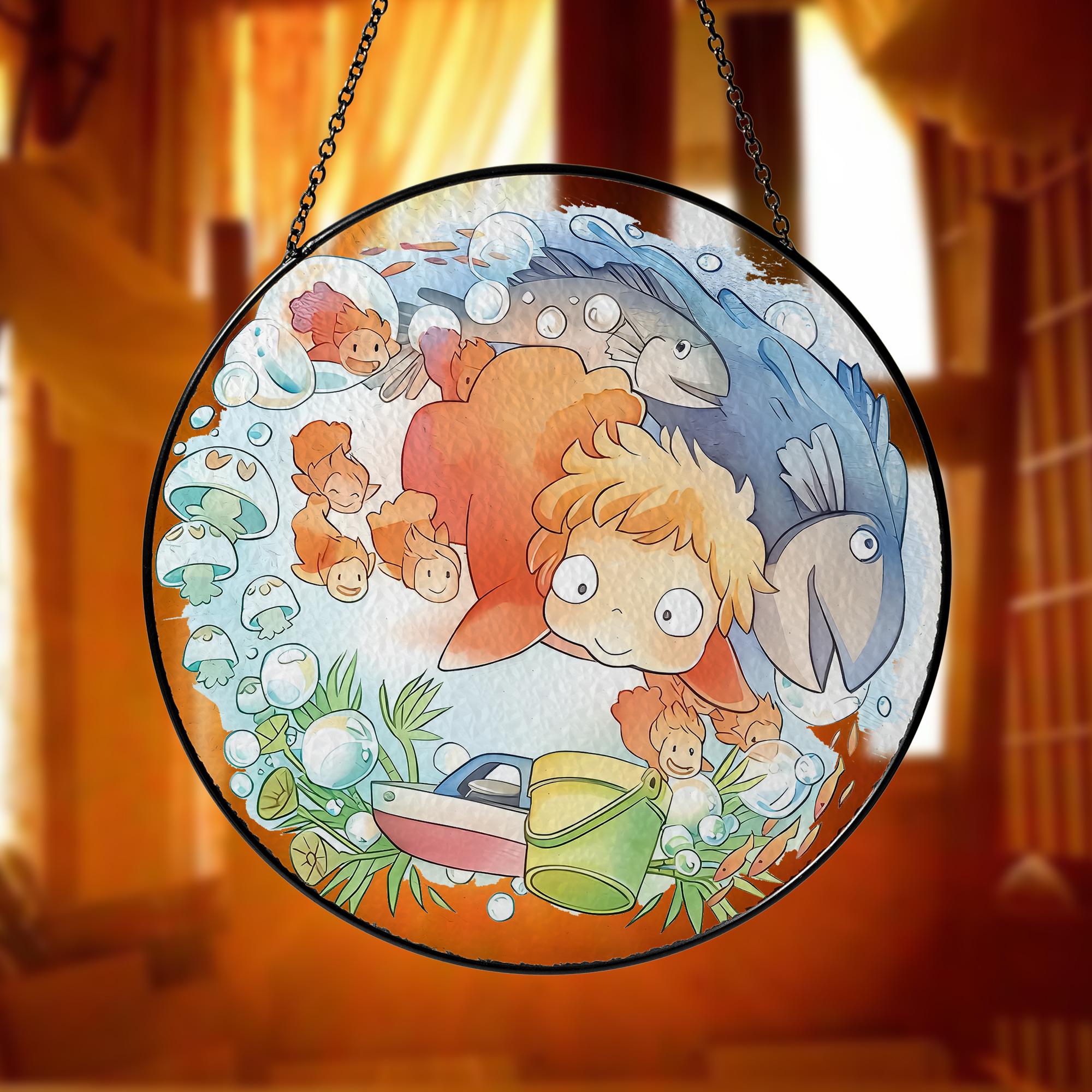 Ghibli Ponyo Drawing Stained Glass Sun Catcher - AnimeBape