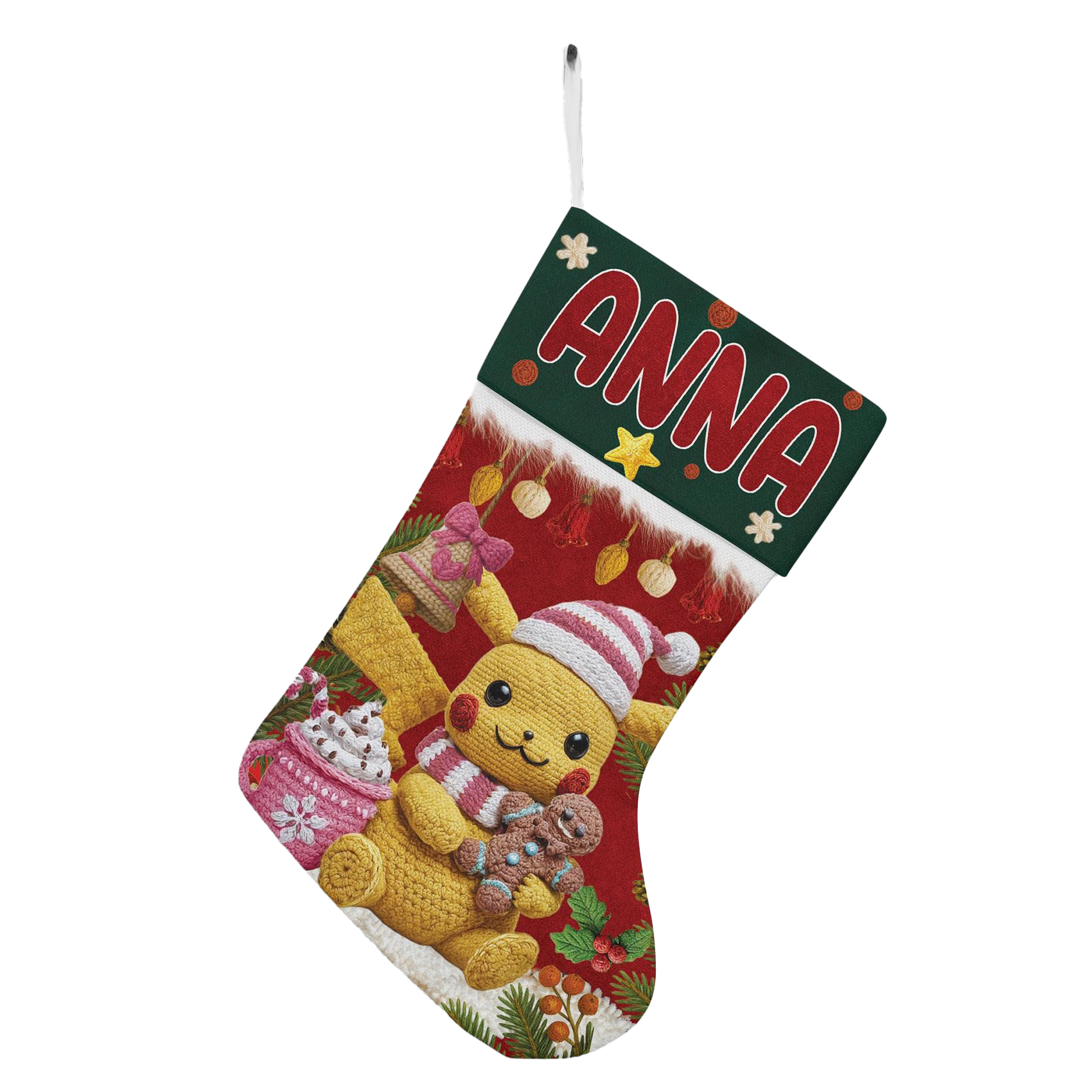 Custom Name Pikachu Pokemon Crochet Effect Christmas Stocking
