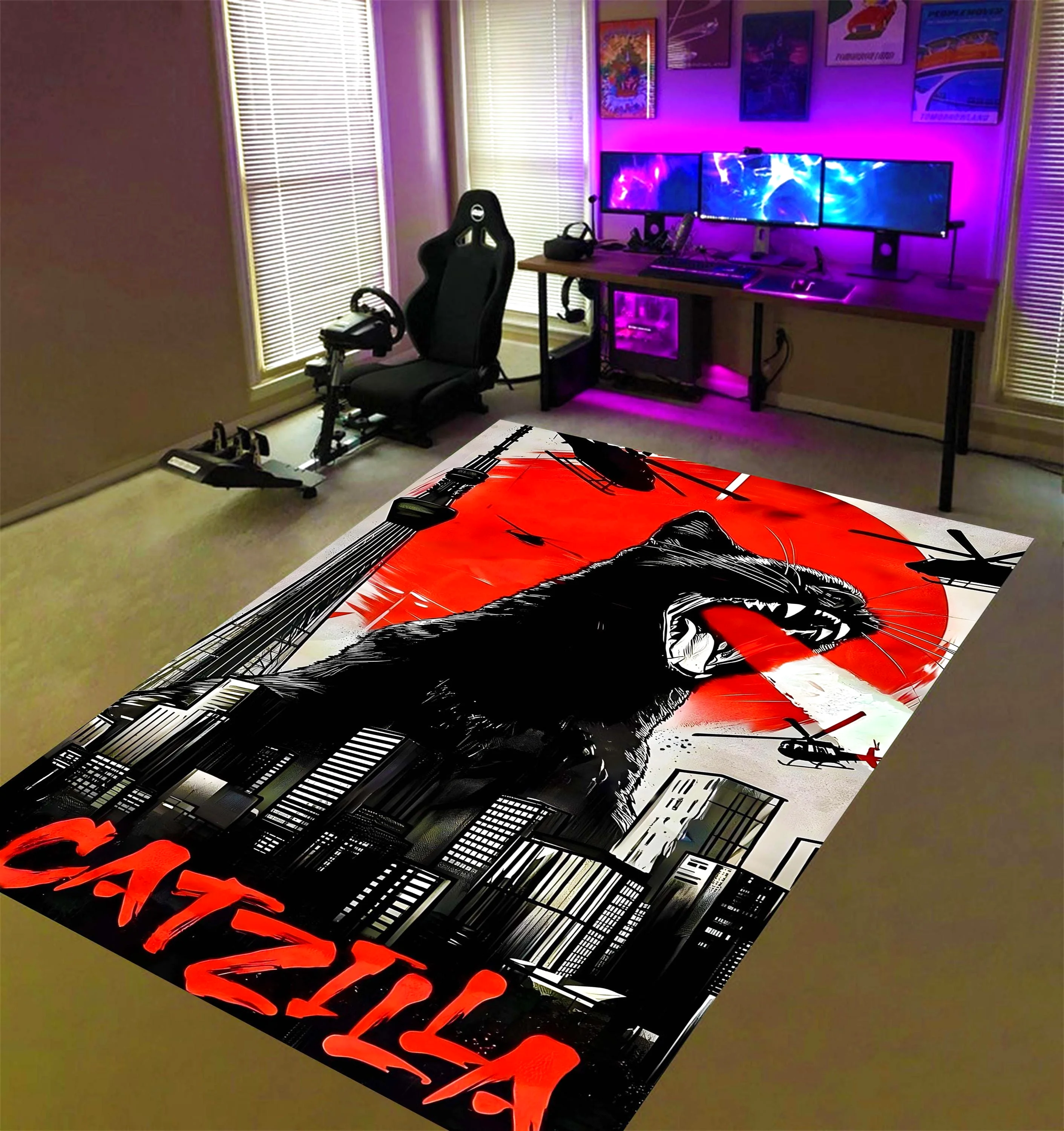 Catzilla Kaiju Cat Gamer Rug City Monster Area Carpet, Rectangle Rug