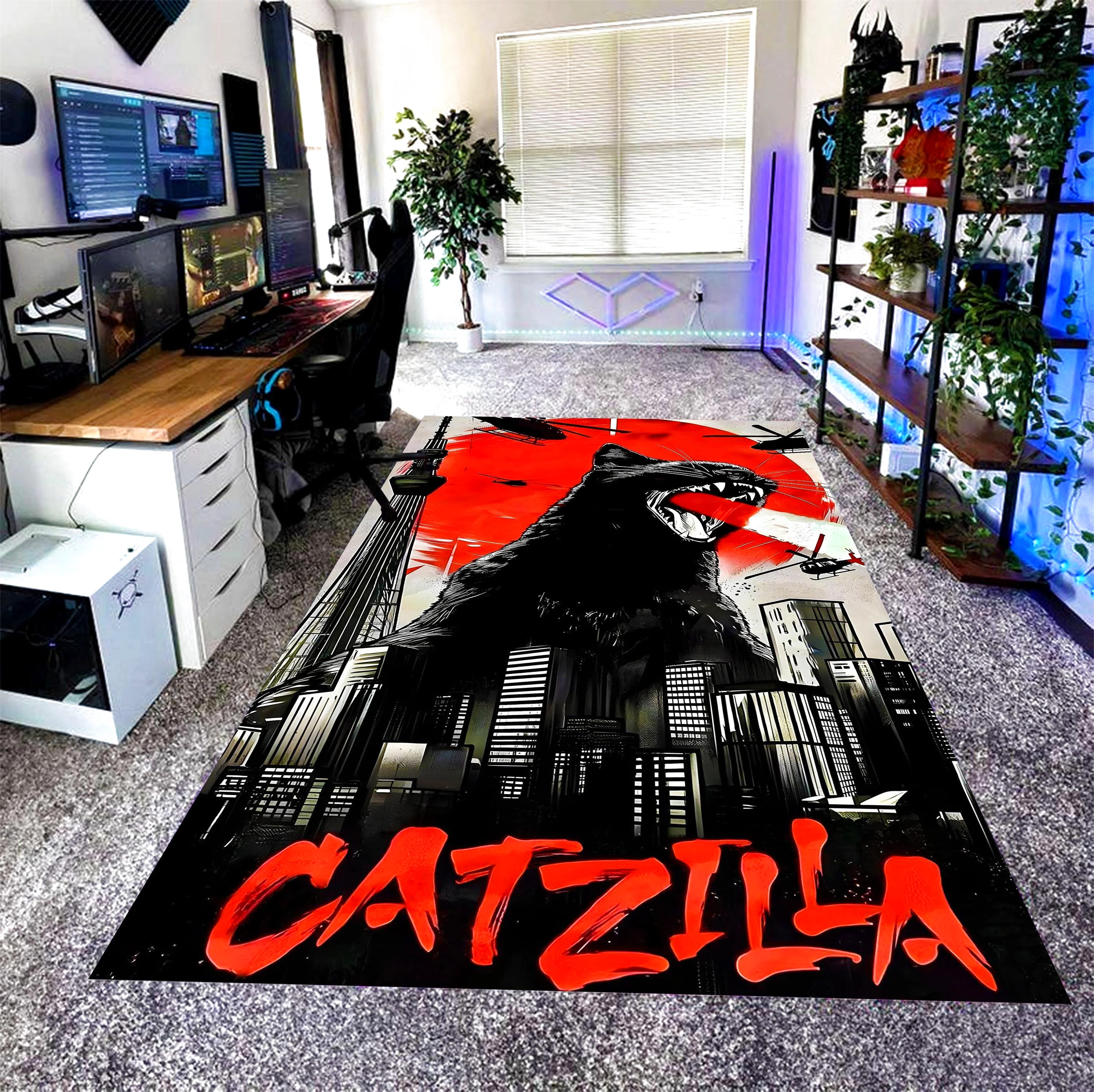 Catzilla Kaiju Cat Gamer Rug City Monster Area Carpet, Rectangle Rug